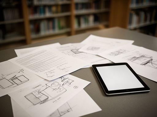 Intellectual property lawyer comparing patent pages on a desk with sketches and a tablet in a modern library